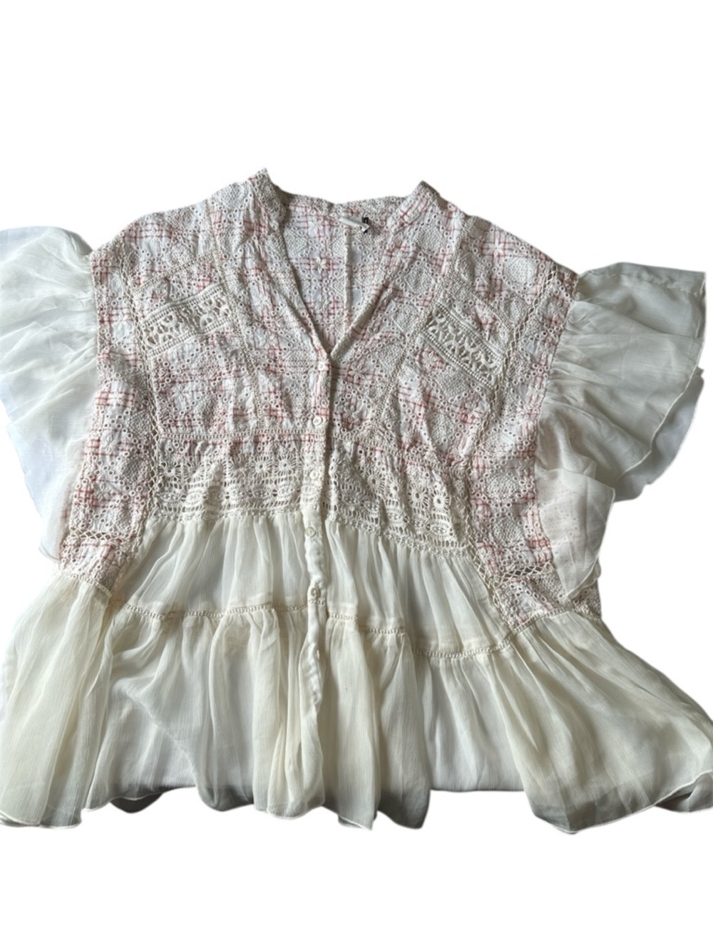 Anthropologie Akemi + Kin bohemian Embroidered Lace Sheer Short Sleeve Top Large